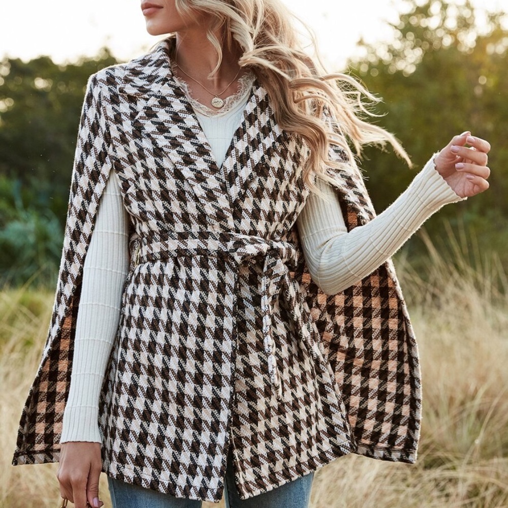 Houndstooth Pattern Belted Tweed glam Cape  Coat - Picture 12 of 15